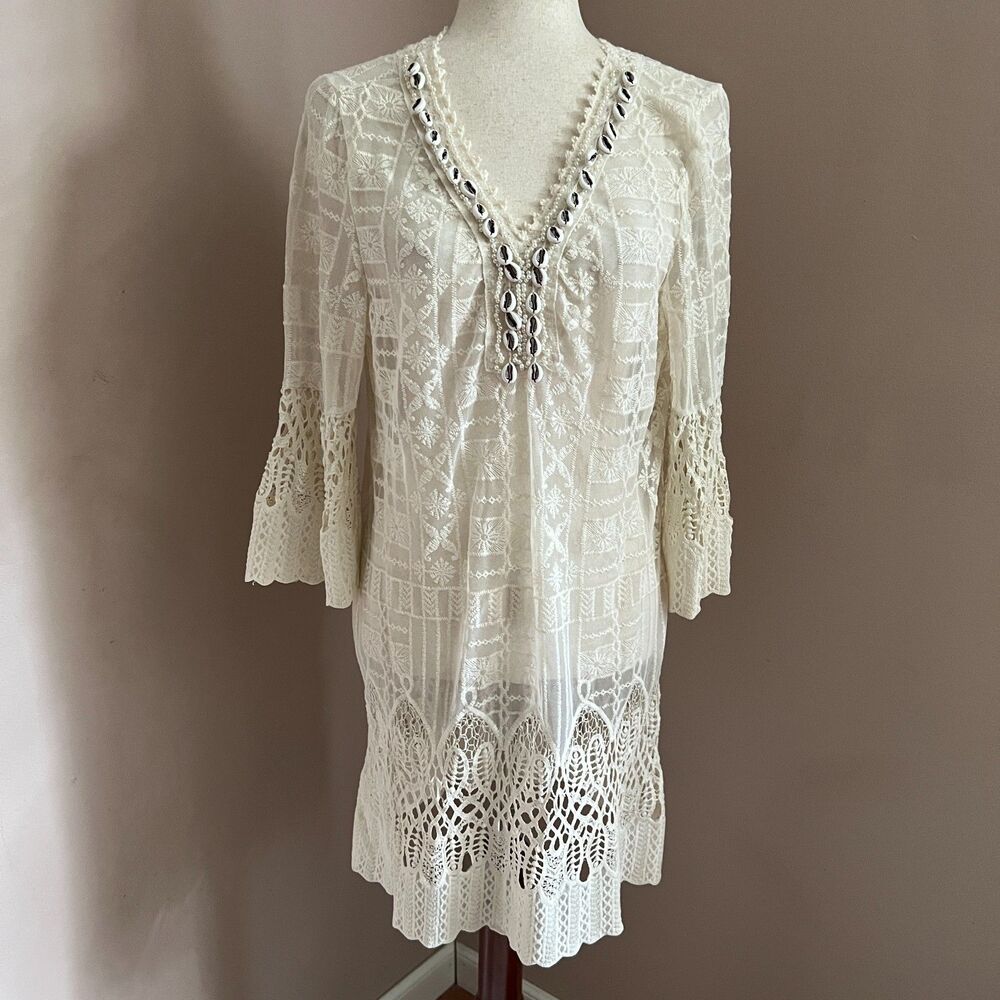 Miho's Italy Lace Crochet Cover Up Tunic Dress Shell Beaded Vacation Euro Summer